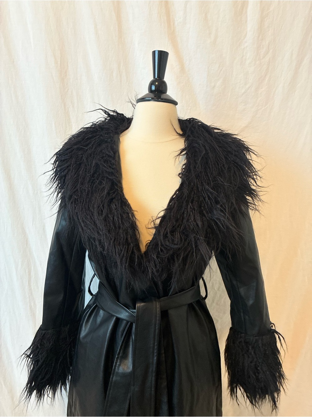 Verge Girl Black Faux Fur Collar Leather Trench Coat